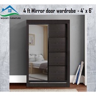 (READY STOCK )AllsWell: 4 FT 4 tier Sliding Wardrobe with mirror/ 4 Kaki 4 tier Almari Baju Sliding 