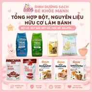Synthesis of organic flour and ingredients for baby cakes, flour, cornstarch, gelatin, baking powder