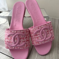 CHANEL 粉色毛呢Logo拖鞋 40號 全新品