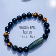 Obsidian Black, Tiger Eye, 9-eye dzi bead natural stone DIY bracelet