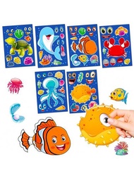 6入組海洋表情貼紙,可以創作自己的魚、海豚、章魚貼紙,適用於筆記本、行李箱、水瓶裝飾,有趣的拼圖貼紙,適用於男孩、女孩和青少年