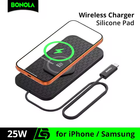 Bonola 25W Fast Car Wireless Charging Silicone Pad Wireless Charger for IPhone/Samsung Braided Cable