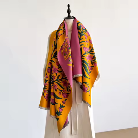 2025 Luxury Brand Women's Winter Cashmere Scarf - Floral Printed Tasseled Pashmina Shawl Wrap, Banda