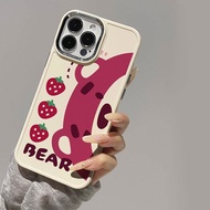 Casing for iPhone 11 12 13 14 15 8plus 7plus 13Promax x xs max 12Promax 14Promax 15promax 12pro 11Promax 15plus Cartoon Cute Strawberry Bear Metal Photo Frame Shockproof Phone Case