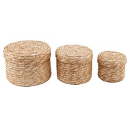 3 Pcs/Set Handmade Straw Woven Storage Basket With Lid Snack Organizer Storage Box Laundry Baskets R