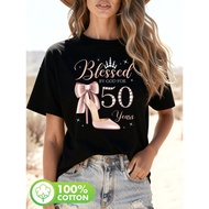Women's 50th Birthday Gift T-Shirt-Pink Shoe&Diamond Crown Design Suitable for 50th Anniversary Cele