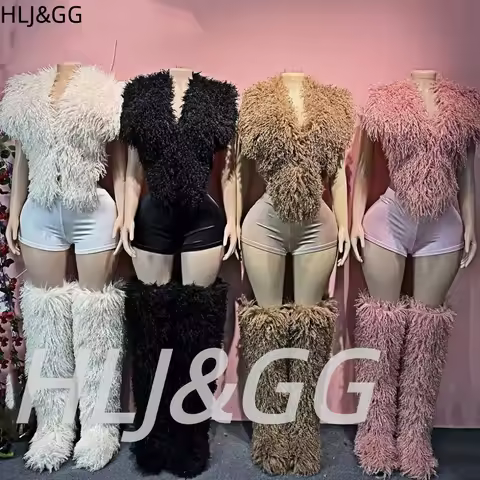 HLJ&GG Fashion Fur Sleeveless Vest Two Piece Sets Women Backless Lace Up Top And Shorts Outfits Tren