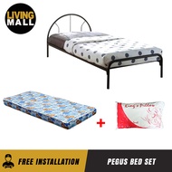 LZD Livingmall Pegus Single Metal Bed Frame  + 4" HD Foam Mattress + Pillow In Black Colour