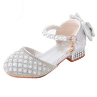 รองเท้าสาวมุกติดโบว์ส้นต่ำรองเท้า Sepatu Cewek Motif Bunga งานแต่งงานส้นสูงมีโบว์สำหรับงานเลี้ยงวันเกิดเจ้าหญิงรองเท้าสำหรับเด็กผู้หญิง2023