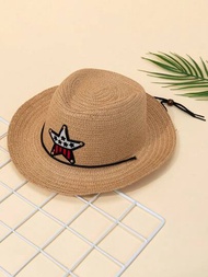 1入組兒童中性西部風格草帽，星星裝飾，適用於旅行和海灘度假時的簡單時尚巴拿馬遮陽帽，是孩子的好禮物