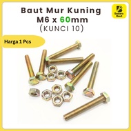 M6x60mm Bolt + Yellow Hexagon Nut (10 KEY) | Bolt 10 (6mm) x 6cm M6 Bolt