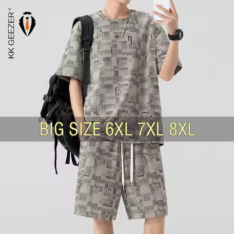Men T Shirt Suit Graphic Shorts Set Thin Summer Elastic Oversized 6XL 7XL 8XL Plus Size Quick Drying