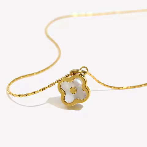 E.B.belle Mini Shell Flower Pendant Necklace 18K Gold Plated Pendant Necklace 316L Stainless Steel A