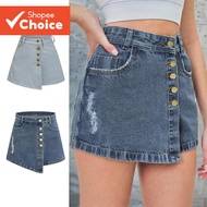 Lovito Women's Casual Asymmetrical Frayed Washed Denim Shorts LBL05230  Seluar pendek denim basuh as