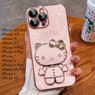 For iPhone XS Max/iPhone XR/iPhone 7 Plus/8 Plus/iPhone 6 Plus/6S Plus/iPhone 6/6S Luxury Cartoon KT Cat Cosmetic Mirror Bracket Glitter Plating Phone Case Soft TPU Back Cover