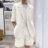 💎💕 [Perfectly] INCERUN 2PCS Mens Short Sleeve Blazer Coat Shorts Suits Bleted Blazer Suits(Korean Style)