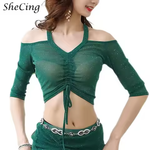 Women V Neck Mesh Half Sleeve Shawl Shrug Bolero Shirt Belly Dance Tops Cardigan Stage Training Perf