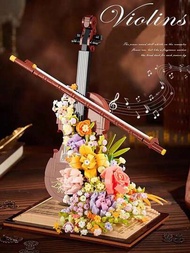 950塊小提琴積木套裝永恆花與燈,創意桌面裝飾,拼圖拼裝玩具