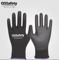 QSSafety無塵PU沾膠耐磨電子工地手套 園藝汽車透氣防護黑色手套