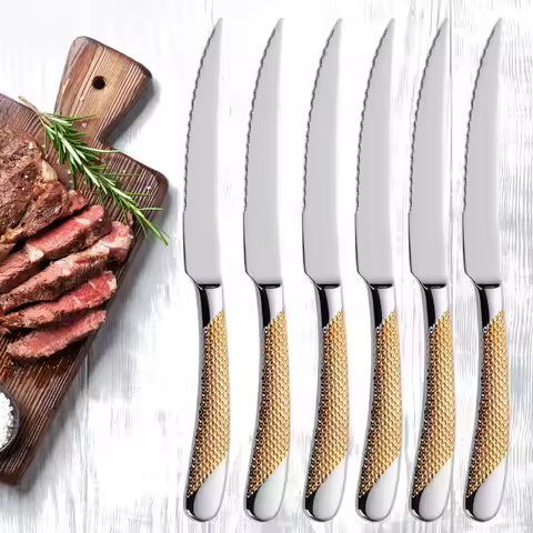 9" Ultra-Sharp 2 in 1 Glossy Steak Knife Dinner Knife Set With Gold Plated Hammered Handle Table Kni