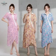 .Pleated Dress With Shirt Collar And Button Stripes Diagonal Label Floral Pattern Code-B217 { Chest: