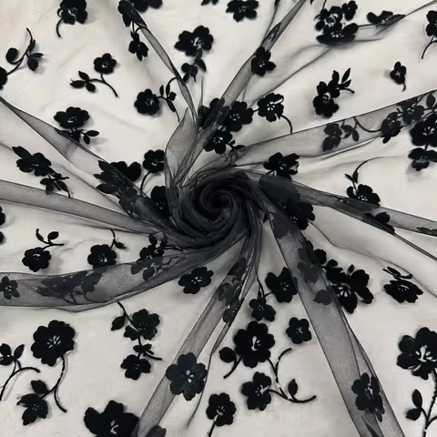 Pre-Cut Black Flocked Floral Mesh Fabric, Soft Velvet Rose Pattern Tulle, Thin and Sheer for Dresses