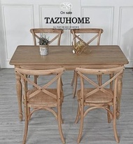 TAZU精選優質好貨:法式復古進口白橡木復古風化效果做工工業風餐枱，餐椅组合 一套五件，一枱四椅 呎吋:136x76cm