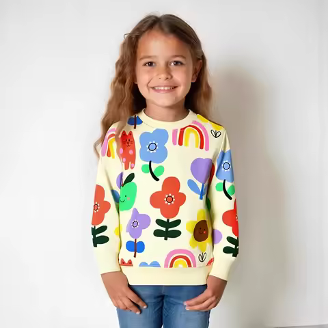 Little maven Cartoon Rainbow Flowers Girls Long Sleeve Tops for Kids Clothes Autumn Spring Sweatshir