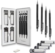 MozArt Black Mechanical Pencil Set with Case - 4 Sizes: 0.3, 0.5, 0.7 & 0.9mm with 30 HB Lead Refill
