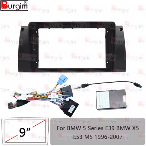 Car Radio Fascias Frame For BMW 5 Series E39 X5 E53 M5 9 inch 2DIN Stereo Panel Wiring Harness Power