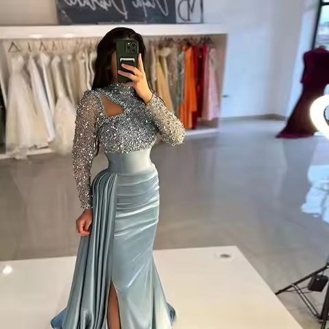 Elegant Long Sleeve High Neck Sequin Evening Gown Mermaid Muslim Princess Ball Gown Arabian Dubai Fo