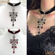 HUHNOT Choker Necklace, Vintage Look Large Cross Pendant Goth Cross Choker, Retro Style Red Color Pu