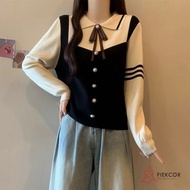 Contrasting Color Bow Knot Polo Collar Sweater - Autumn Top