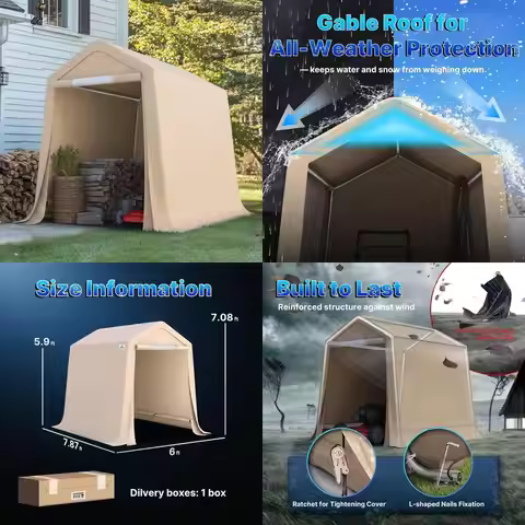 Portable 6x8 Outdoor Storage Shed with Roll-up Vents, Waterproof and UV-Resistant Carport/Motorcycle