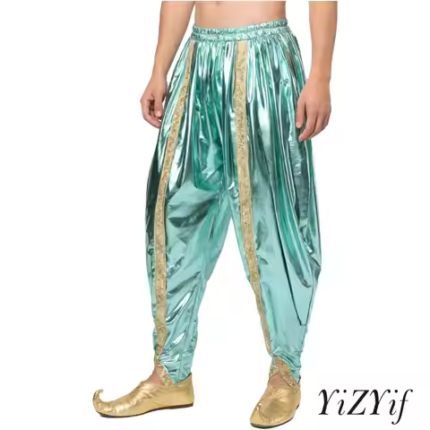 Men Indian Dhoti Pants Gold Brocade Trim Elastic Waistband Metallic Shiny Arab Baggy Pants Harem Pal