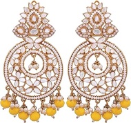 Bollywood Jewellery Traditional Ethnic Bridal Bride Wedding Bridesmaid Gold-Plated Kundan Mirror &amp; Yellow Pearl Dangler Earring, Cotton Pearl