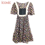 iCONiC BLACK MEXICO DRESS #5799 ชุดเดรสสั้น ผ้าไหมชีฟอง พิมพ์ลาย ดอกไม้ สม็อกเอว ยาว88ซม. ตัดต่อระบา
