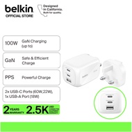 Belkin WCH016myWH BoostCharge Pro 3-Port GaN Wall Charger 100W + International Plug Tip (iphone,sams