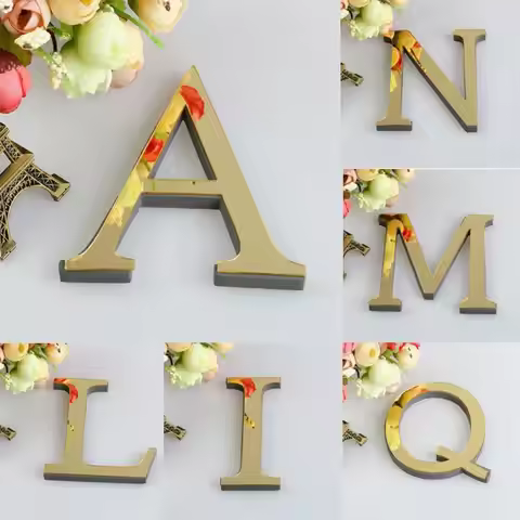 A-Z English Letters Wall Stickers Golden Acrylic Mirror Reflective 3D Decoration Door Number Letter 