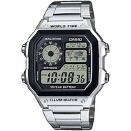 太子/銅鑼灣門市 CASIO 世界地圖 十年電池壽命 100米防水 不鏽鋼錶帶 黑銀色 AE1200 AE1200WHD AE-1200 AE-1200WHD AE-1200WHD-1 AE-1200