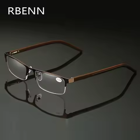 RBENN Metal Frame Reading Glasses Men High Quality Semi Rimless Business Presbyopic Reading Glasses 