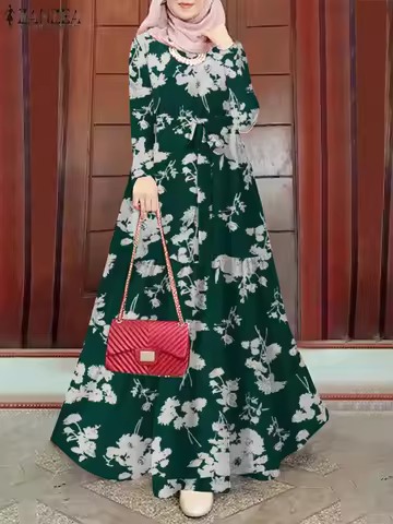 Spring Fashion Floral Printed Sundress Muslim Hijab Dress Abaya ZANZEA Women Long Sleeve Dubai Maxi 