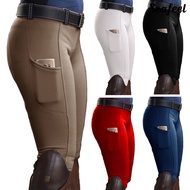 [SEA] Women Solid Color Pocket Hip Lift Elastic Equestrian Pants Horse Racing Trousers