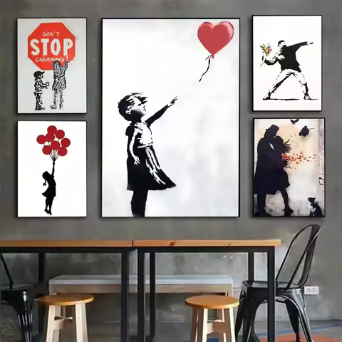 B-Banksy Graffiti Artwork Painting Girl with Red Balloon poster with prints Home bedroom living room