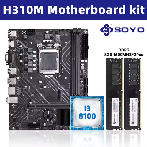 SOYO H310M DDR3 Motherboard i3 8100 CPU 16G=8G*2 RAM Intel LGA1151 TPM2.0 Computer Combo Kit Xeon PC