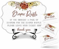 Flower Diaper Party Game Set,Watercolor Floral,50 Pcs Diaper Raffle Tickets, 1 Wooden Sign & 1 Iron