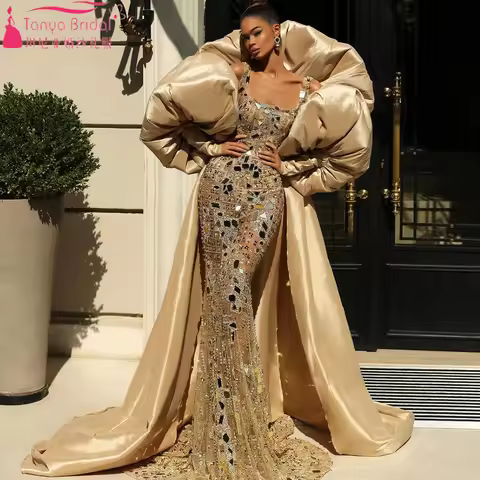 Champagne Taffeta Evening Jacket With Puffy Sleeves .Fashion Volume Cape ,Women Coat Chic ZJ260