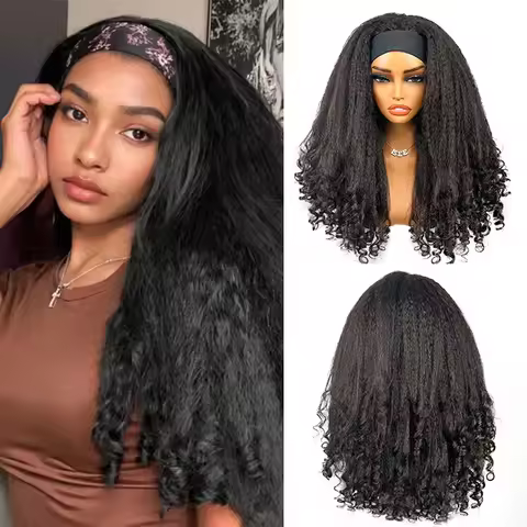 Kinky Straight Burmese Curly Headband Wig With Spiral Curly Ends Glueless Human Hair Wig Headband Wi