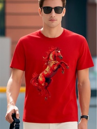 Premium Men's T-Shirt Chinese New Year Super Red Fire Horse Motif 3D Animation Oblong Tshirt Male Hc