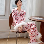 [Love Heart Feather] Fashionable Furry Red Women Sexy Cute Velvet Pajamas Women Long-Sleeved Loungew